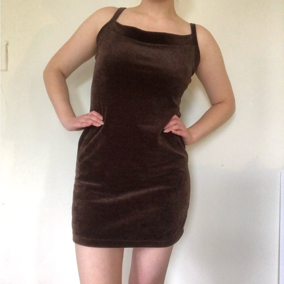 Vintage 90s Sparkly Brown Velour Mini Dress - Picture 3 of 8